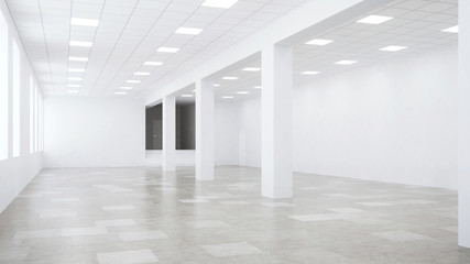 Interior of an empty commercial building with white walls. Office space. 3D rendering.