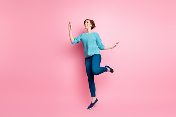 Canvas Print - Full length body size view of her she nice attractive lovely dreamy carefree cheerful cheery brown-haired woman having fun dancing walking isolated over pink pastel color background