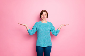 Sticker - Portrait of her she nice attractive lovely cheerful cheery content brown-haired woman holding object on palms copy empty blank space isolated over pink pastel color background