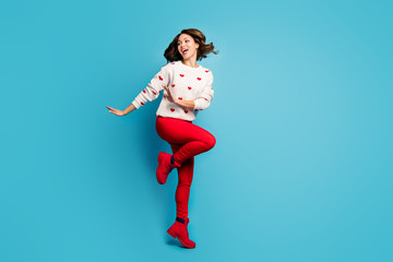 Sticker - Full length body size view of her she nice attractive lovely cheerful cheery playful overjoyed girl jumping having fun dancing disco party isolated on bright vivid shine vibrant blue color background