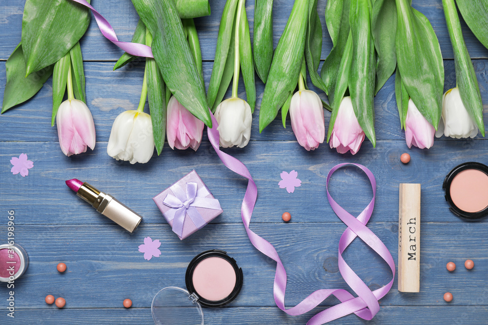 Composition for International Women's Day on wooden background
