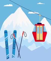 Winter ski resort poster with skiing equipment and red cableway car