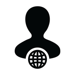 User icon with globe symbol vector globe with male person profile avatar for a business network in a glyph pictogram illustration