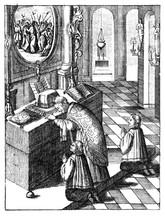 Antique Vintage Religious Engraving Or Drawing Of Praying Priest And Two Altar Boys In Church Celebrating Mass. Illustration From Book Die Betrubte Und Noch Ihrem Beliebten..., Austrian Empire,1716