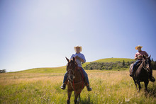 Two Ranchers Riding Horses In Field