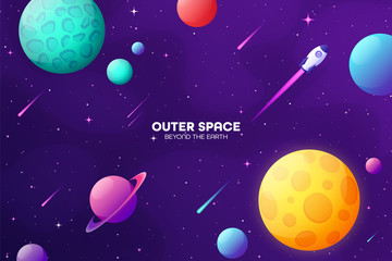 Wall Mural - space futuristic modern colorful background with rocket. starship, spaceship in night sky. solar sys