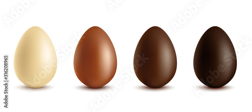 Fotografía Set of white, milk and dark chocolate eggs, realistic vector illustration isolated