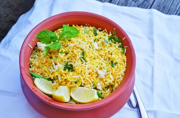 A dish of vegetable biryani at an Indian restaurant