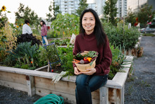 Portrait Happy Woman Harvesting Fresh Vegetables In Community Garden