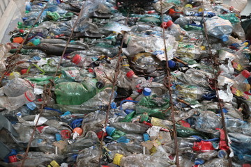 Close-up of plastic waste and bottles closeup