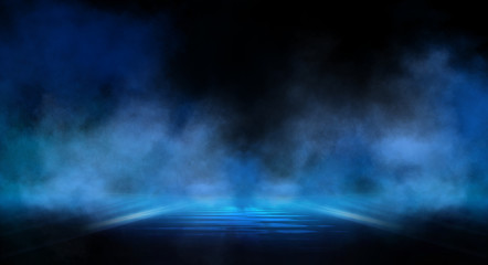 Wall Mural - dark background with lines and spotlights, neon light, night view. abstract blue background.