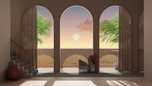 Dreamy Terrace, Over Sea Sunset Or Sunrise With Moon And Cloudy Sky, Tropical Palm Trees, Archways In Rosy Stucco Plaster, Staircase With Carpet, Classic Balustrade, Interior Design
