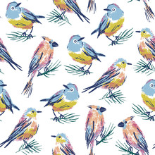 Vector Seamless Pattern With Colorful Birds. Hand Drawn Spring Illustration On White Background. Great For Easter Designs, Gift Wrapping, Fabric And Wallpaper.