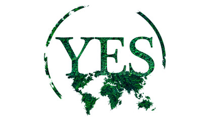 yes sign. world map from the green grass. ecological trends. environment protection of plants and tr