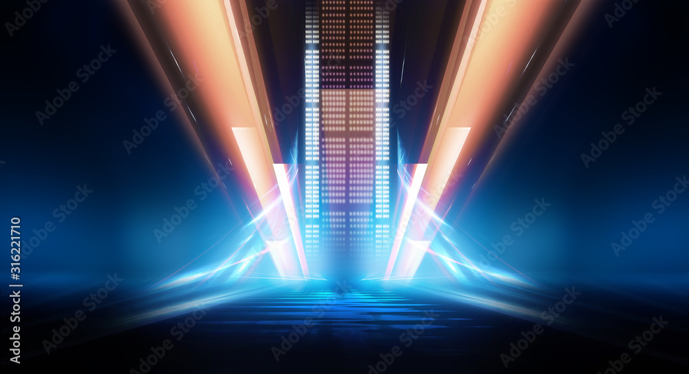 Abstract futuristic blue neon background. Lines and light rays. Abstract light. Empty stage light element in the center. Night view. - obrazy, fototapety, plakaty 