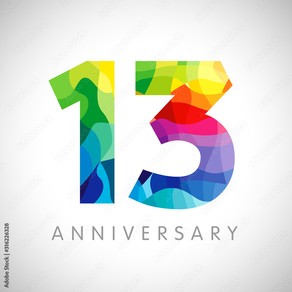 13 th anniversary numbers. 13 years old logotype. Bright congrats. Isolated abstract graphic web design template. Creative 1, 3 3D digits. Up to 13%, -13% percent off discount. Congratulation concept. - obrazy, fototapety, plakaty 