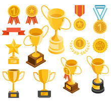 Golden Trophy And Medal Material Icons. Vector Illustrations.