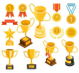 Golden trophy and medal material icons. Vector illustrations.