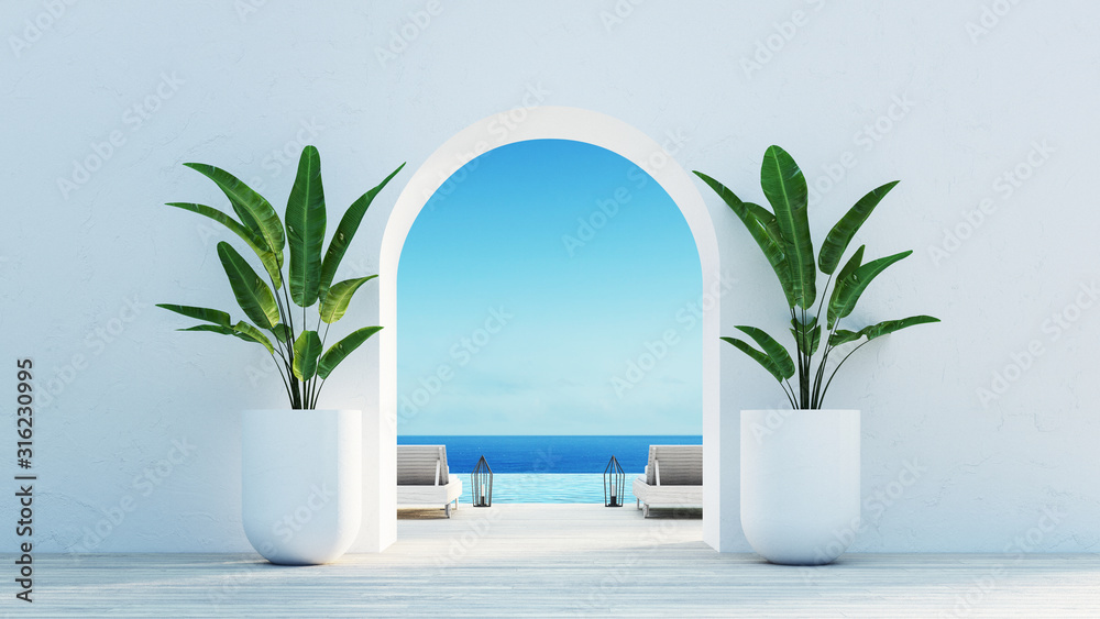 Gate to the sea view & Beach living - Santorini island style / 3D rendering - obrazy, fototapety, plakaty 