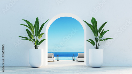 Fotografía Gate to the sea view & Beach living - Santorini island style / 3D rendering