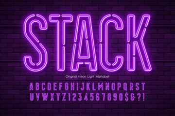 Neon light 3d alphabet, extra glowing modern type.