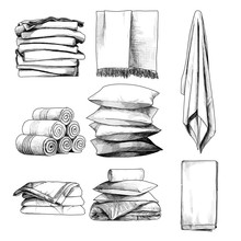 Home Textile Set Towels Pillows Blankets, Sketch Vector Graphics Monochrome Illustration On White Background