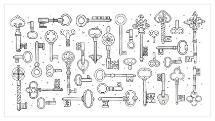 Big collection of doodle vintage keys on white background. Doodle sketch illustration.