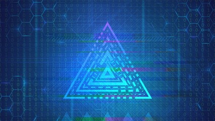 Blue technology background with digital triangle and glitch effect