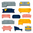 Modern sofa and couch set. Interior furniture design elements. Home and office divan icons. Vector flat illustration