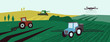 Farm landscape with agri machinery. Irrigation system, tractor, combine harvester and drone on agricultural fields. Vector illustration of smart farming, industry, innovation technology in agriculture
