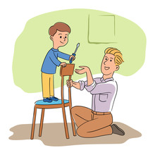 Father And Son With Screw Driver Repairing Chair
