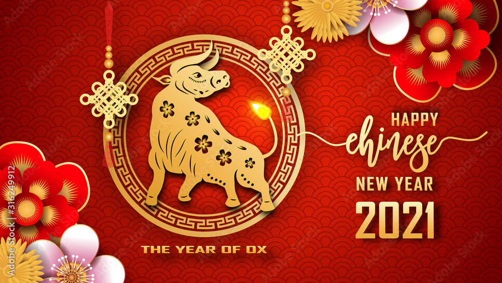 Happy Chinese new year 2021. The year of the Ox. Chinese new year fortune greeting card graphic design background and wallpaper. Red and gold paper cut with plum blossom flower. Asian culture element - obrazy, fototapety, plakaty 