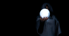 Witch Cast A Black Magic Spell And Hold Glass Ball On Right Hand In The Dark Room,3d Rendering Picture.