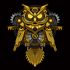 Wall Mural - gold owl steampunk illustration and   tshirt design