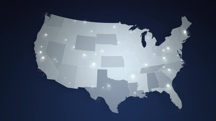 cinematic united states map with flickering lights. view of light grey scientific map rotates on dar