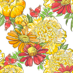 Wall Mural - Seamless border pattern with sketch colorful blossoms. Background with peony, chamomile and berries and leaves.