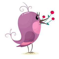 Wall Mural - Cute bird with a sprig of berries in its beak. Vector illustration in cartoon flat style. Isolate on a white background.