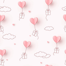 Hearts Balloons With Gift Box Flying On Pink Sky Background. Vector Love Seamless Pattern For Happy Mother's Or Valentine's Day Greeting Card Design..