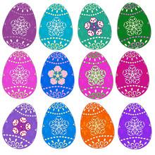 A Dozen Assorted Colorful Vintage Decorated Batik Dyed Easter Eggs Isolated On White Eggs Can Be Separately Cut Out. Colors Are Spring Green, Mauve, Blue, Aqua Menthe, Pink, Turquoise, Purple, Orange