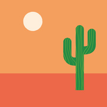 Simple Green Cactus In Desert Under Warm Sun, Simple Modern Flat Illustration. Nature Landscape In Desert. Mexican Style. Modern Hand Drawn Vector Illustration