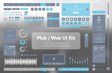 Fototapete - Flat Mobile Web UI Kit. Universal user interface for designing responsive websites, mobile apps. Gradient background. Different UX, GUI screens with buttons, slider, menu template. Modern space style.
