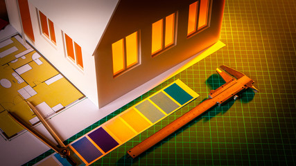 Poster - cottage layout,building plan,drawing tools and color palette.the concept of a new home. development 