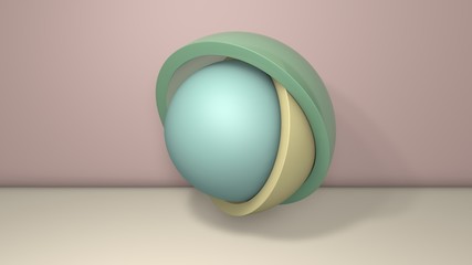 Poster - 3D illustration of a few hemispheres, the halves of the balls. Segments are arranged randomly, randomly in different positions and sizes. 3D rendering, abstract minimalistic background.