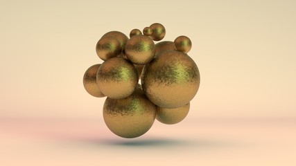 Poster - 3D rendering of a set of Golden balls in space, in weightlessness. Gold has faded, rusted, aged, lost its value. Nugget on a dark background. Abstraction for business compositions on inflation.