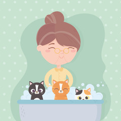 Sticker - old woman bathing bubbles cats in the bathtub