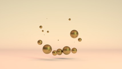 Poster - 3D rendering of a set of Golden balls in space, in weightlessness. Gold has faded, rusted, aged, lost its value. Nugget on a dark background. Abstraction for business compositions on inflation.