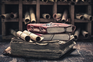 Poster - Magic scrolls and books in medieval library