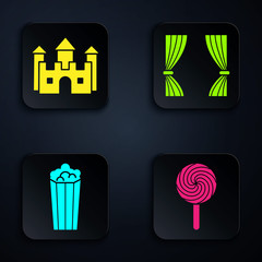 Canvas Print - Set Lollipop, Castle, Popcorn in cardboard box and Curtain. Black square button. Vector