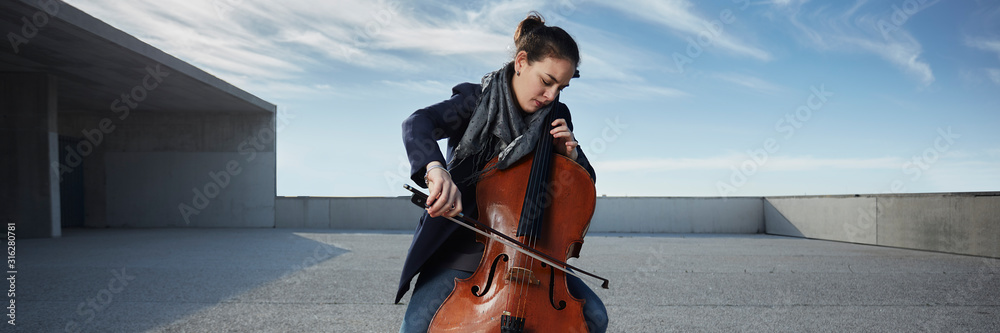 beautiful girl plays the cello with passion in a concrete environment - obrazy, fototapety, plakaty 