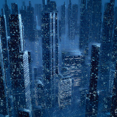 Wall Mural - colony city of the future / 3d illustration of dark towering futuristic science fiction cyberpunk ci